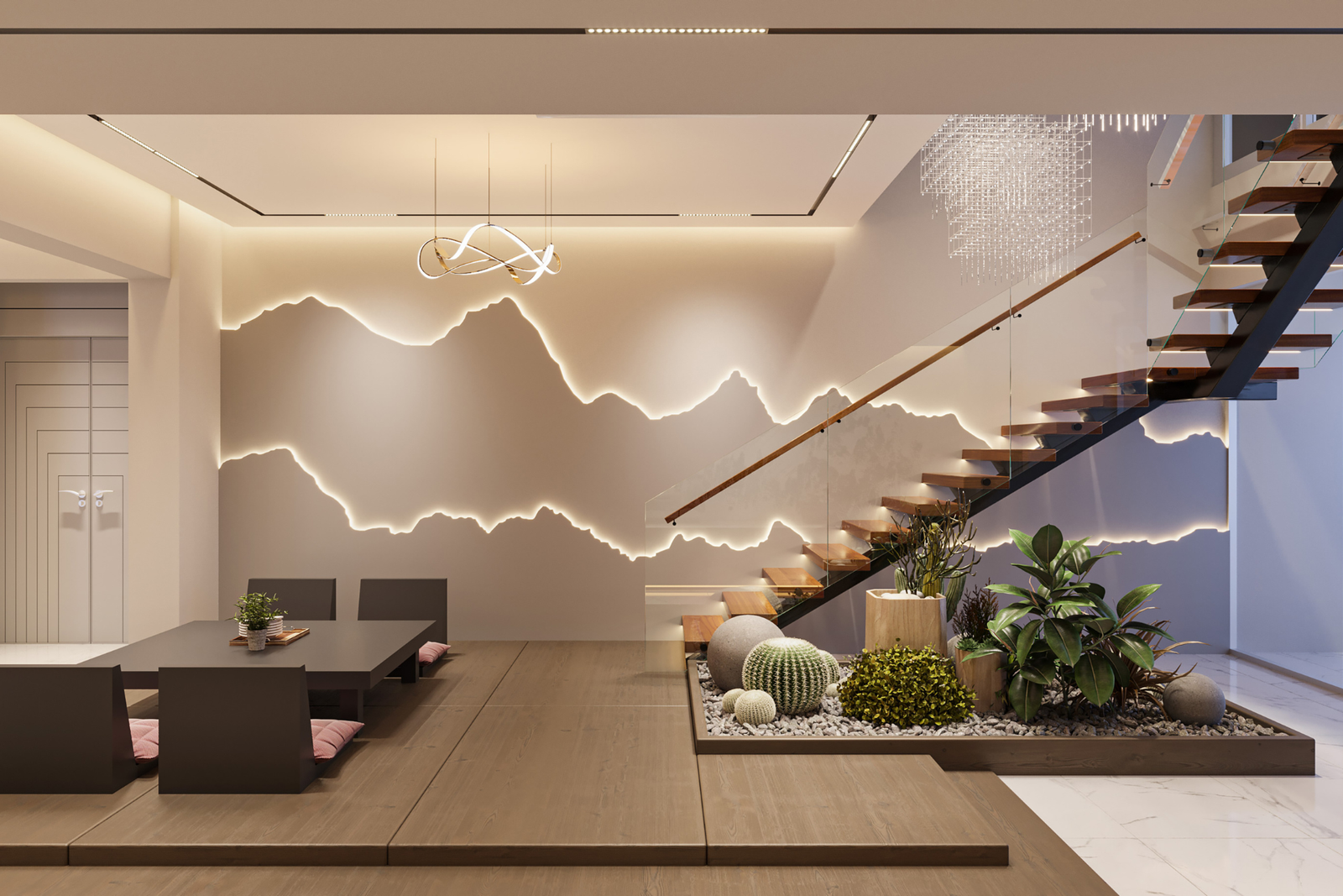 Interior vivienda con iluminación variada y moderna. Productos que sirve Sánchez Representaciones.